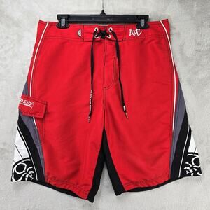 HIC Hawaiian Island Creations Board Shorts 32 Black Red Swim Trunks Surf Y2K